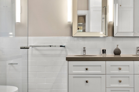 Brighton-Period home double vanity. Modern twist with the lighting